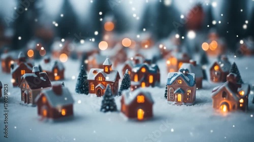 Miniature Christmas Village with Snowfall and Warm Lights in Winter Scene