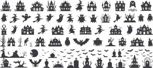 Halloween silhouette bundle, haunted house ghost witch icons, spooky pumpkin bat graveyard designs, eerie festive artwork, dark seasonal illustration set