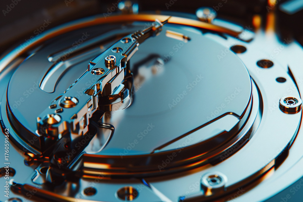 Obraz premium Dysk twardy HDD w zbliżeniu – precyzyjna technologia pamięci danych