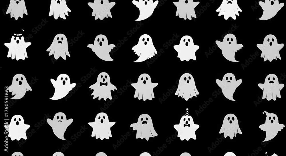 Obraz premium Spooky Specters: A haunting display of ghostly figures floats against a backdrop of darkness, creating a playful yet eerie ambiance perfect for the Halloween season.