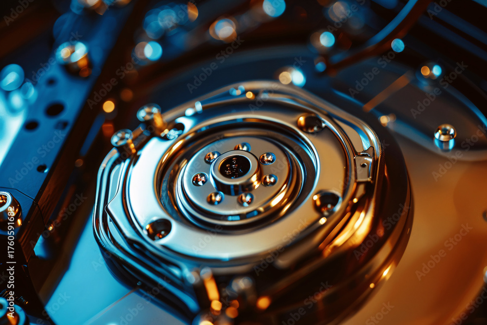 Obraz premium Dysk twardy HDD w zbliżeniu – precyzyjna technologia pamięci danych