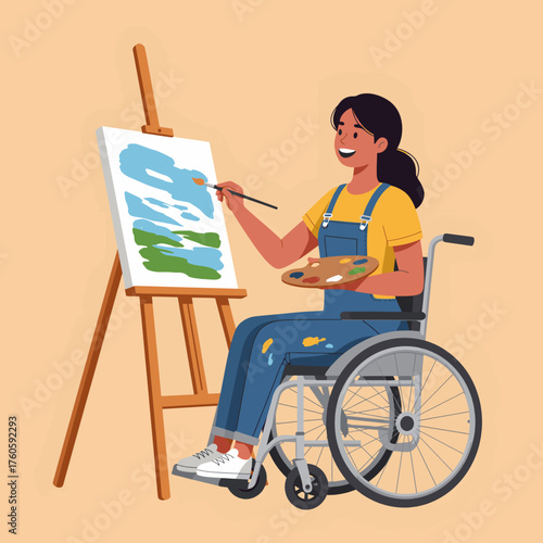 Joyful Woman in Wheelchair Painting Landscape on Easel