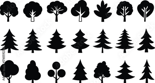Tree silhouette collection, coniferous and deciduous icons, black forest artwork, stylized botanical graphics, decorative nature illustration set, diverse tree designs