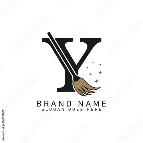 Letter Y House Cleaning Broom Logo. Alphabet Y Cleaning Brush Icon