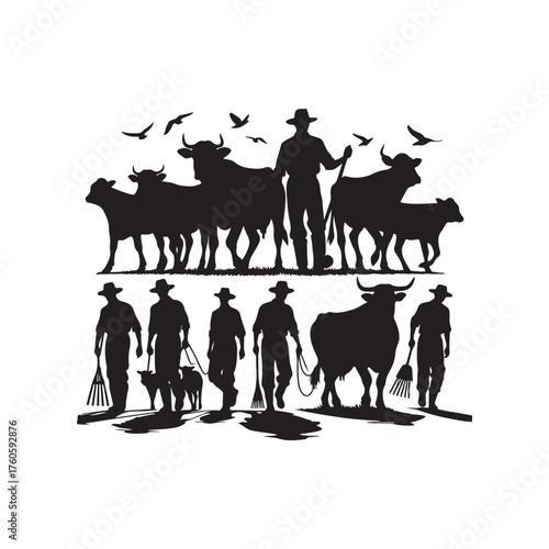 farmers with cattle vector silhouette clip art logo design illustration