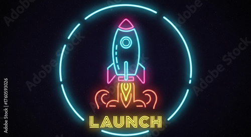 Neon rocket launch illustration on a, symbolizing a new business venture or product release with vibrant colors and modern design