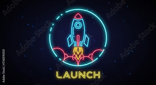 Neon rocket launch illustration with stars on a, symbolizing a new business venture or product release with vibrant colors and modern design