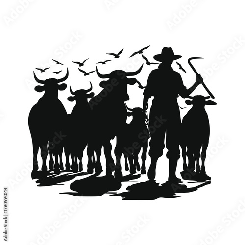 farmers with cattle vector silhouette clip art logo design illustration