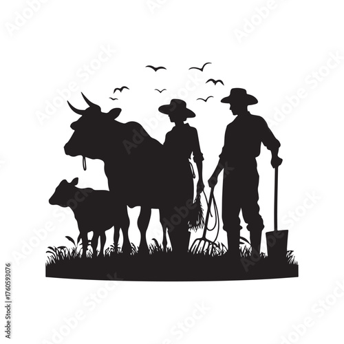 farmers with cattle vector silhouette clip art logo design illustration
