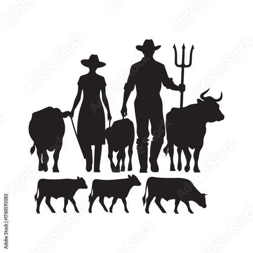 farmers with cattle vector silhouette clip art logo design illustration
