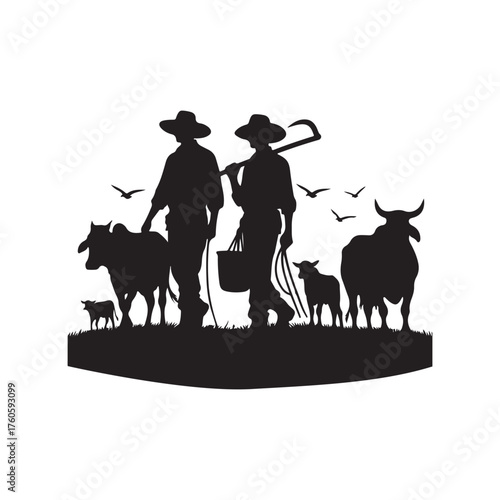 farmers with cattle vector silhouette clip art logo design illustration