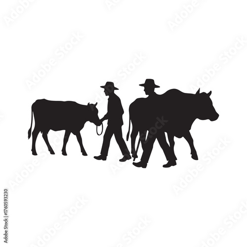 farmers with cattle vector silhouette clip art logo design illustration