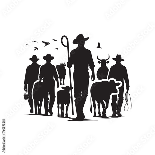farmers with cattle vector silhouette clip art logo design illustration