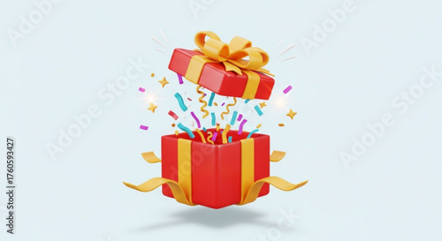 Opened red gift box with golden ribbon and confetti surprise box for birthday, christmas, new year, valentines day 3d render