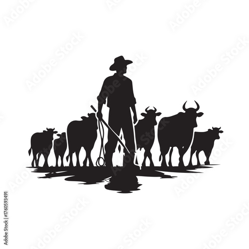 farmers with cattle vector silhouette clip art logo design illustration