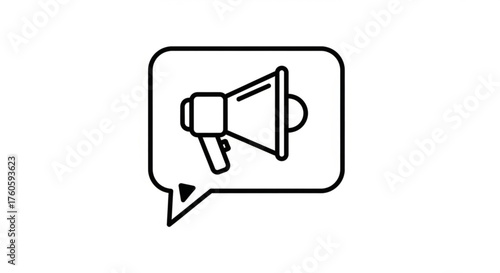 Megaphone in speech bubble represents announcement, promotion, communication, and marketing message