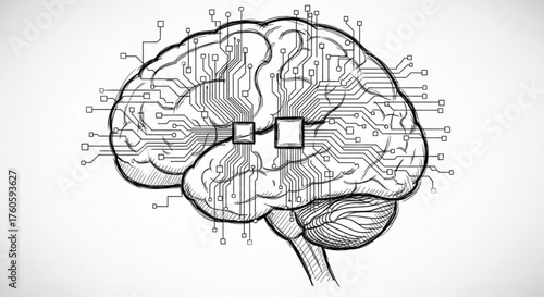 Artificial intelligence concept with human brain and computer chips, representing the integration of technology and cognitive abilities