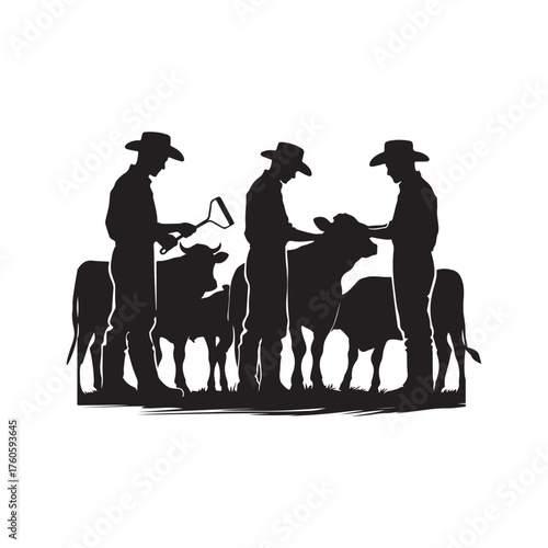 farmers with cattle vector silhouette clip art logo design illustration