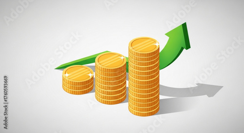 Stacks of golden coins with a green arrow pointing upwards, symbolizing financial growth and investment success