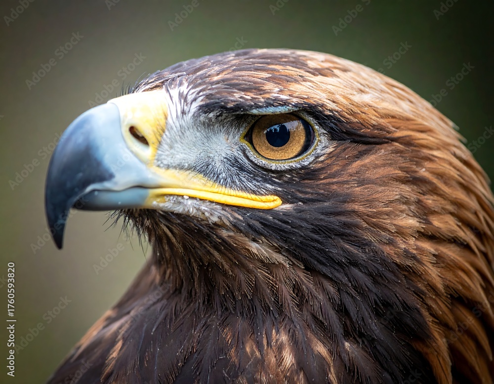 Fototapeta premium Close-up of a golden eagle's head, showing detail of eye, beak, and feathers. A powerful bird of prey in profile
