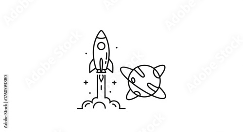 A minimalist line art illustration of a rocket launching into space next to a planet, symbolizing exploration and discovery