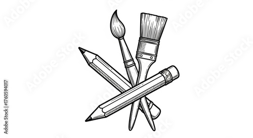 Sketch of art supplies pencils, paintbrushes, and artist tools for drawing, painting, and creating artwork in a studio