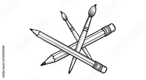 Sketch of art supplies pencils, paintbrushes, and artist tools for drawing, painting, and creating artwork in a studio
