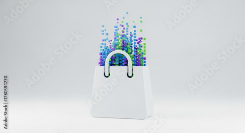 A sleek white shopping bag with an eruption of colorful cubes, symbolizing the digital shopping experience and the excitement of online retail