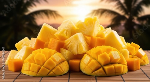 A CloseUp View of Freshly Cut Pineapple and Mango on a Wooden Surface