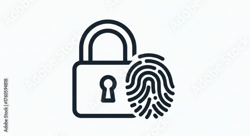 Fingerprint and padlock icon symbol of biometric identification, security, and data protection vector line art illustration