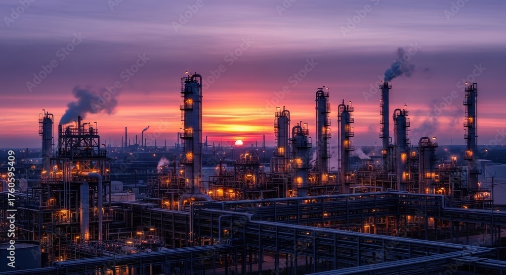 Fototapeta premium Industrial Refinery Complex at Sunset with Illuminated Structures