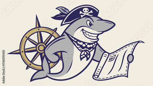A Cartoon Shark Pirate Captain with Compass and Map