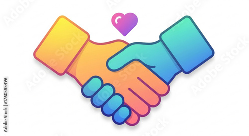 Vibrant handshake illustration with a heart, symbolizing unity, love, and cooperation in a modern and eyecatching design
