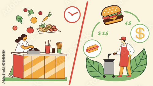 Healthy Food Stall Versus Fast Food Vendor Illustration