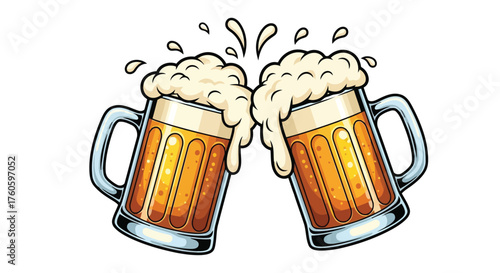 Vector illustration of two beer mugs clinking together with frothy beer and splashes
