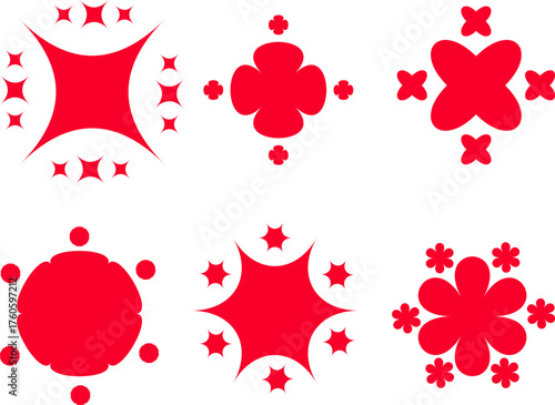 Abstract Decorative Shapes Set — red ornamental vector elements, geometric and floral star patterns, modern decoration for background, poster, textile, and branding design