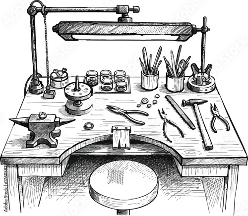 Jeweler's Workbench Illustration: Crafting Station with Tools, Light, and Stool for Metalwork and Jewelry Creation in Black and White Sketch Style