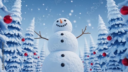 Snowman Building in Snowy Forest Scene with Falling Snow and Christmas Decorations