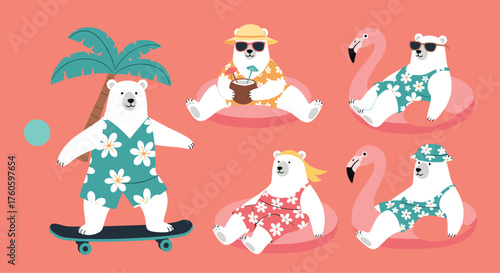 Cute polar bears enjoying a summer vacation on a tropical island.