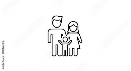 Simple black and white line drawing of a family with three members