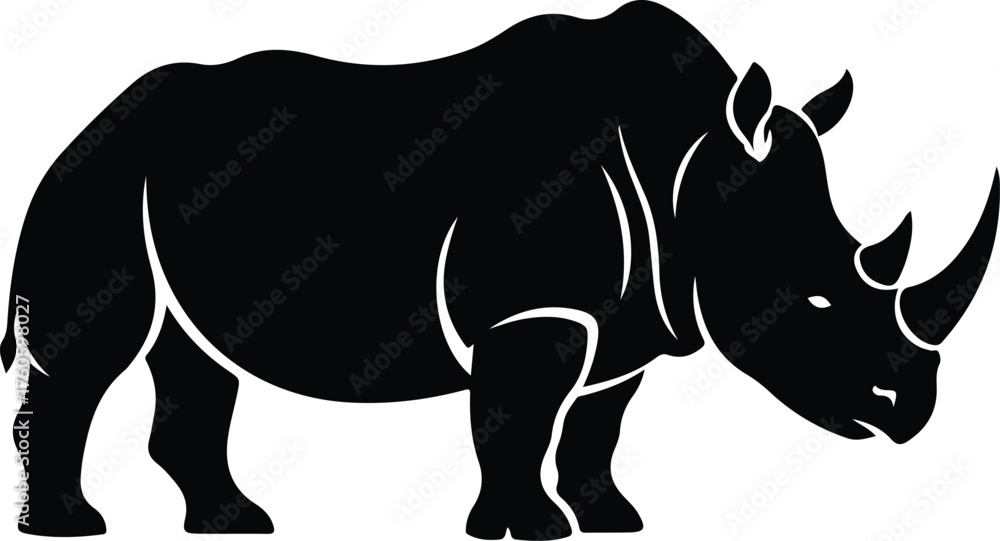 Fototapeta premium Black Rhino Silhouette Vector Icon, Minimalist Wildlife Logo, Flat Animal Outline