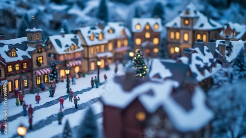 Miniature Christmas Village Scene with Snow Covered Streets and Festive Decorations Aerial View