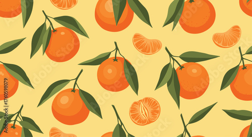 Freshly picked ripe tangerines with green leaves on a yellow background.