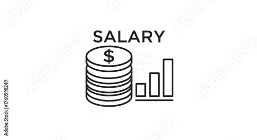 Salary illustration with stacked coins and increasing bar graph showing growth