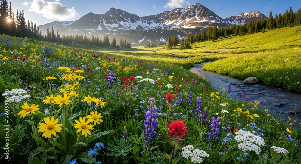 Fototapeta premium Mountain Meadow Wildflowers Stream Sunlight Scenic Landscape Summer Field Blooming Fresh Air