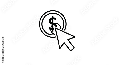 A simple black and white illustration of a coin and a cursor