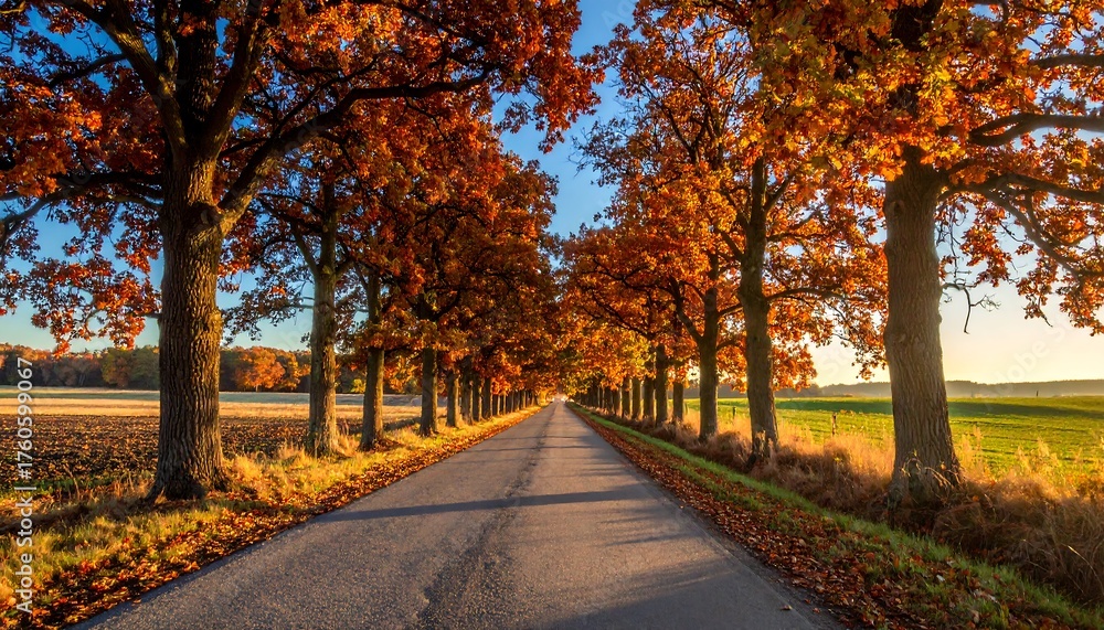 Naklejka premium Autumn Road - A Scenic Drive Through Vibrant Fall Foliage.