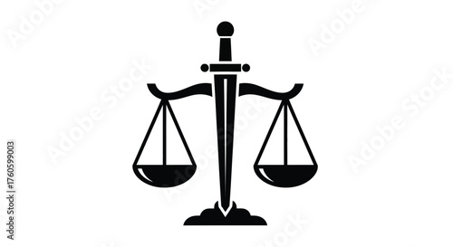 Black and white illustration depicting justice with scales and a sword