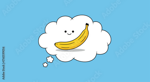 A cute cartoon banana is thinking about food with a happy face.