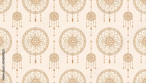 Seamless pattern of dreamcatchers in beige and brown, intricate and detailed.